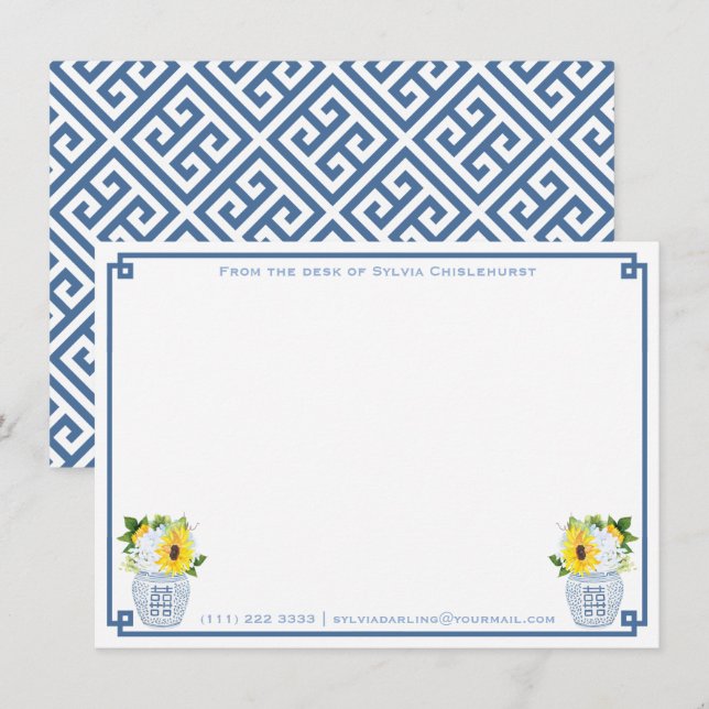 Carte De Remerciements Chinoiserie Chic Ginger Jar Sunflowers Dusty Blue (Devant / Derrière)