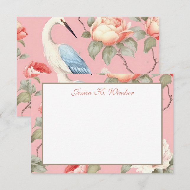 Carte De Remerciements Chinoiserie Floral Rose Egret Personnalisé (Devant / Derrière)