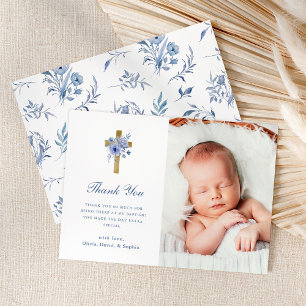 Carte De Remerciements Chinoiserie florale bleue et blanche Photo Baptê