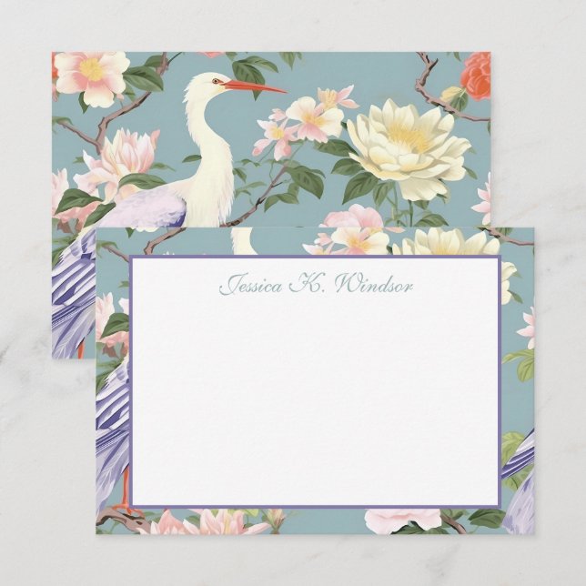 Carte De Remerciements Chinoiserie Jade Fleur Egret Personnalisé (Devant / Derrière)