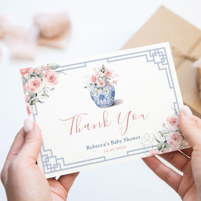 Carte De Remerciements Chinoiserie rose pâle Baby shower de pot de gingem (Créateur téléchargé)