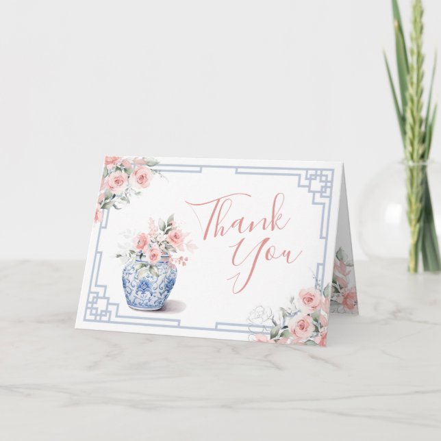 Carte De Remerciements Chinoiserie rose pâle Baby shower de pot de gingem (Devant)