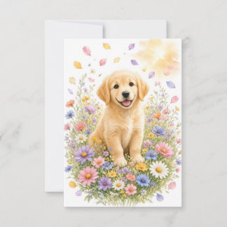 Carte De Remerciements Chiots Retriever Doré dans les Fleurs Sauvages