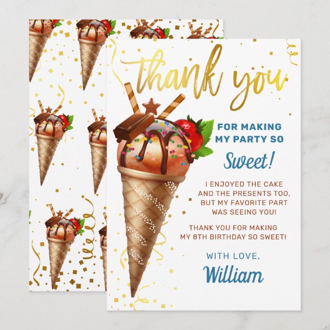 Carte De Remerciements Chocolat d'or doux crème glacée anniversaire (Devant / Derrière)
