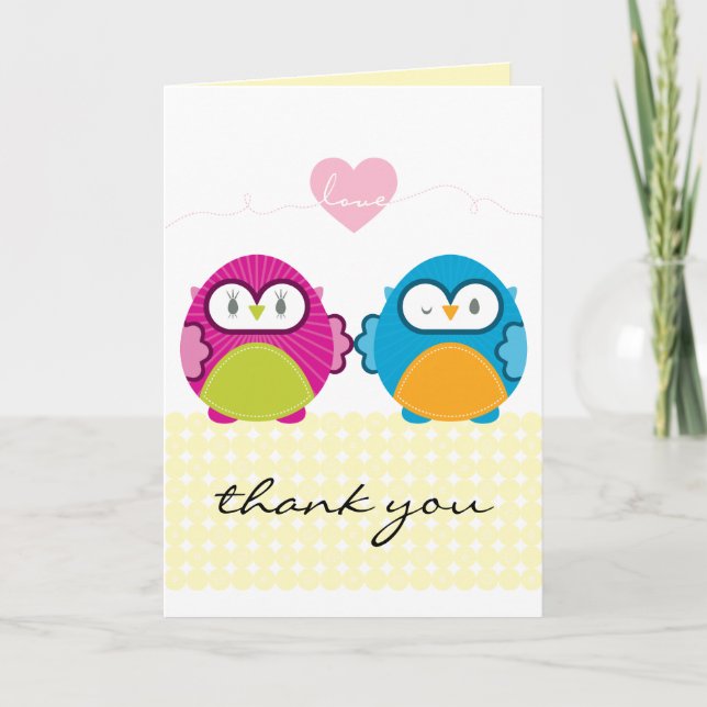 Carte De Remerciements CHOUETTE AMOUR :: fille lumineuse + garçon (Devant)