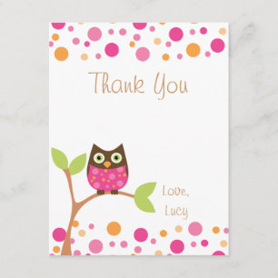 Carte De Remerciements Chouette-Bébé rose-Hot Rose par demande-Merci note