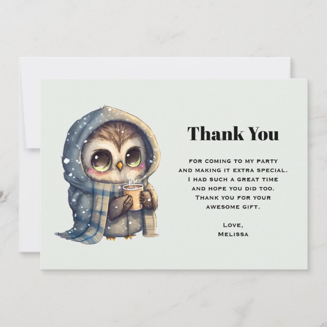 Carte De Remerciements Chouette mignonne en hiver avec café (Devant)