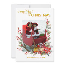 Christmas Photo Card Holly Berries & Pointsettias