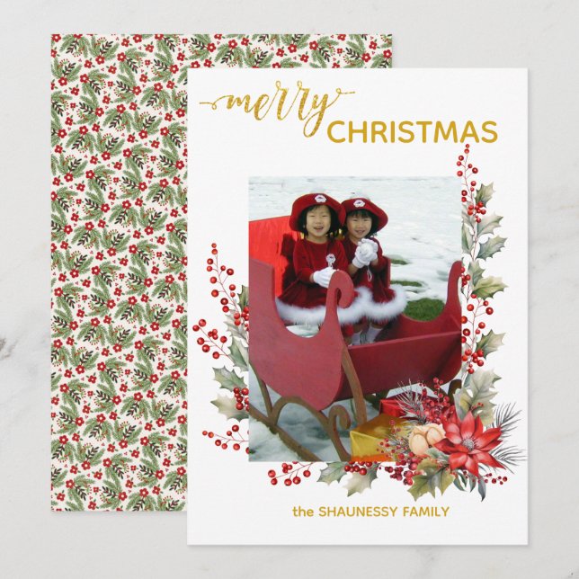 Carte De Remerciements Christmas Photo Card Holly Berries & Pointsettias (Devant / Derrière)