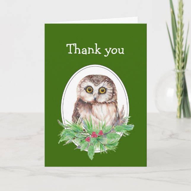 Carte De Remerciements Christmas Thank you Cute Owl Bird Holly (Devant)