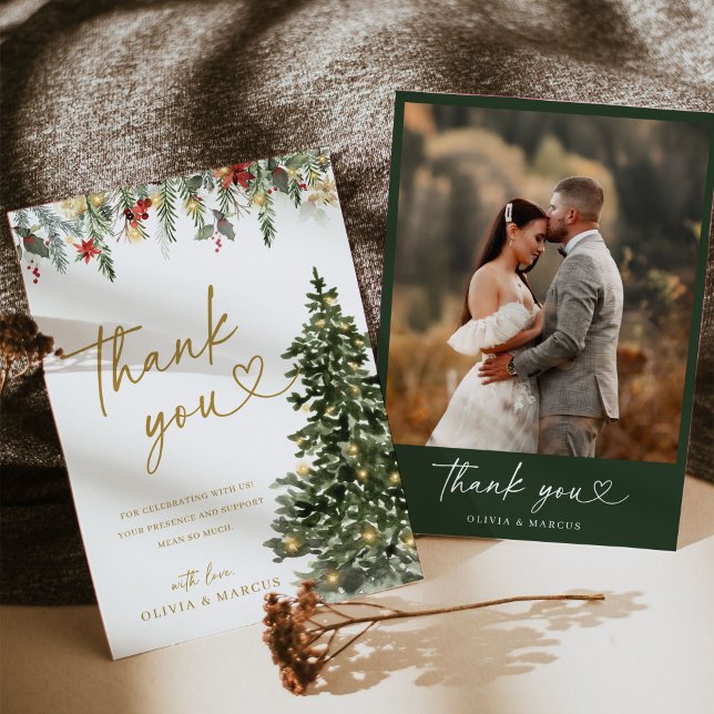Carte De Remerciements Christmas Tree Lights Winter Pine Wedding (Christmas wedding thank you card with watercolor tree, holiday greenery, and gold script design)