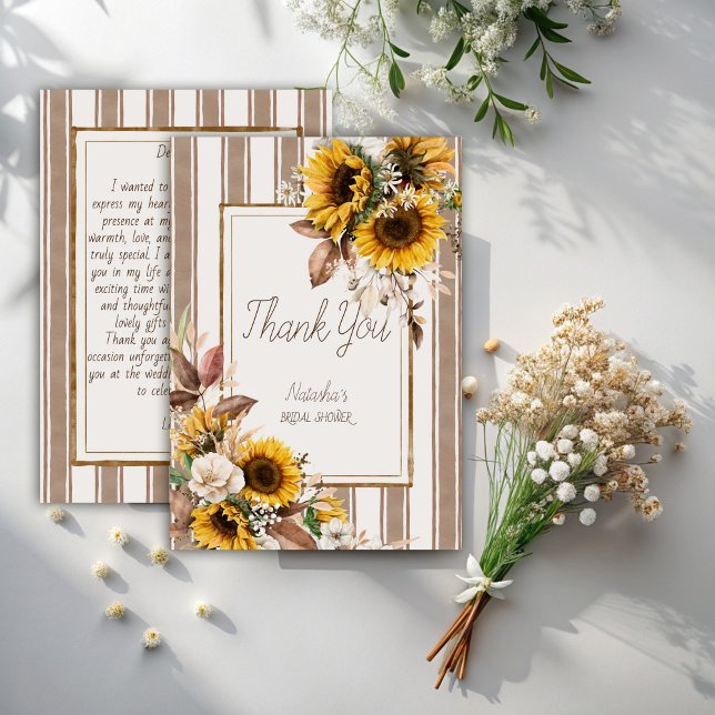 Carte De Remerciements Chute d'amour tournesol brun rayé nuptiale douche (Fall in love sunflowers brown stripes bridal shower thank you cards modern stripped terracotta)