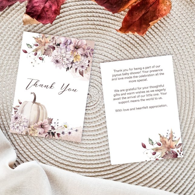 Carte De Remerciements Chute en amour baby shower feuillage citrouille me (Fall inlove pastel boho pumpkin dahlias baby shower thank you cards)