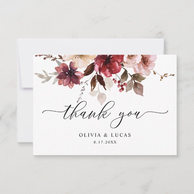 Carte De Remerciements Chute Maron Floral Dusty rose Bourgogne Mariage (Devant)