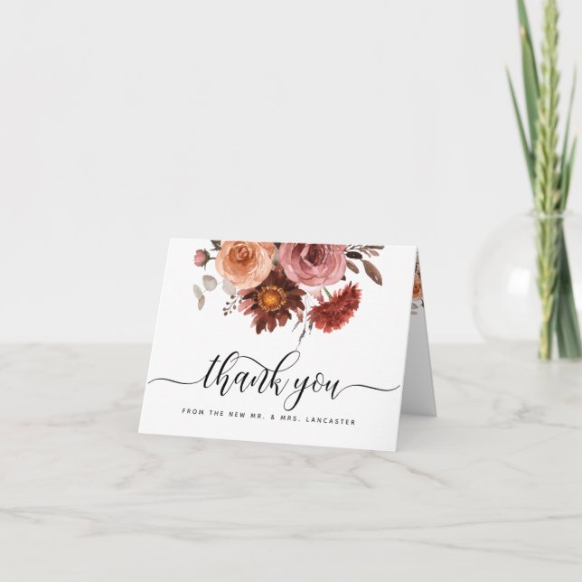 Carte De Remerciements Ciel en Rose, Blush et Bourgogne Floral (Devant)