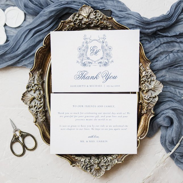 Carte De Remerciements Cimier Floral Bleu Monogramme Mariage élégant (Créateur téléchargé)