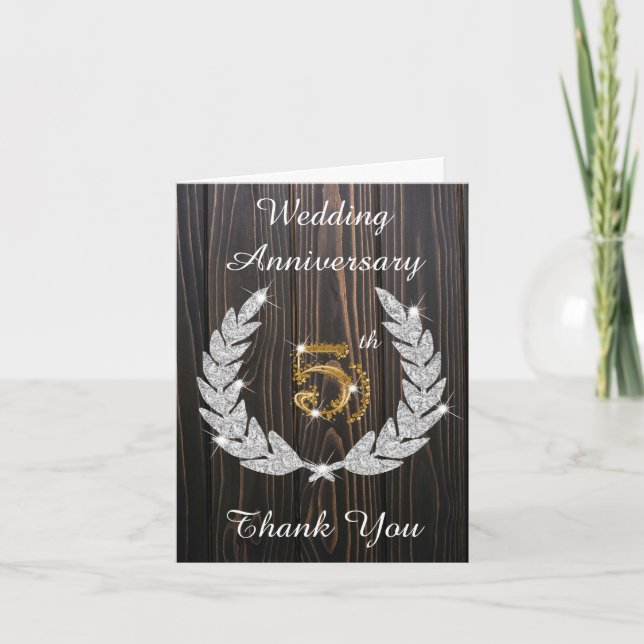 Carte De Remerciements Cinq ans de mariage Bois rustique Diamant Laurier (Devant)