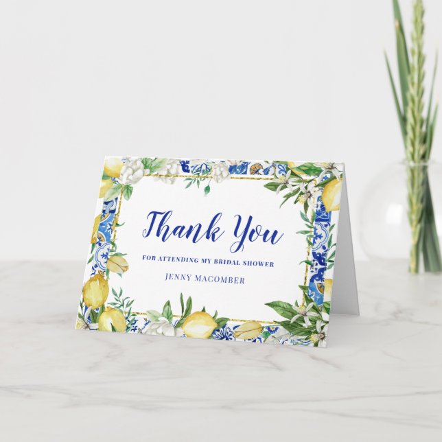 Carte De Remerciements Citron Blanc Floral Bleu Carrelage photo plié (Devant)