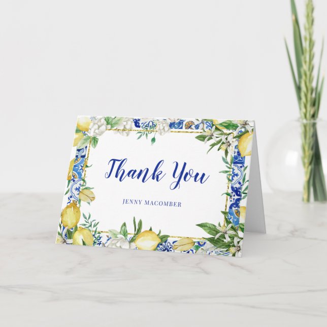 Carte De Remerciements Citron Blanc Floral Bleu Carrelage photo plié (Devant)