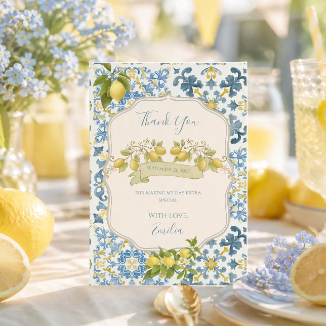 Carte De Remerciements Citron de carreau bleu italien élégant (Créateur téléchargé)