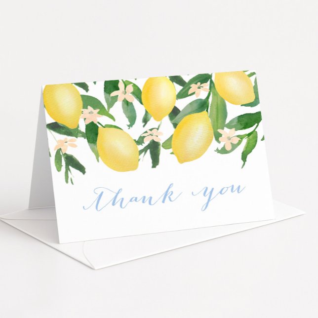 Carte De Remerciements Citron Poudre Bleu Citrus Bébé Ou Réception De Mar (Baby boy shower thank you card featuring watercolor lemons and blossoms and blue calligraphy font)