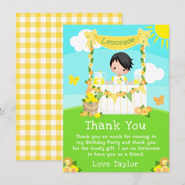 Carte De Remerciements Citronade Stand Birthday Black Hair Boy (Devant / Derrière)