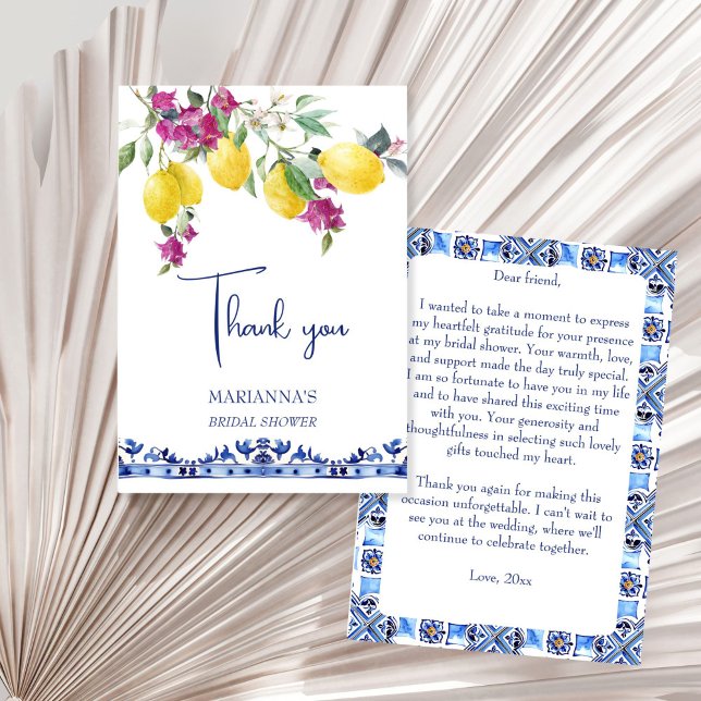 Carte De Remerciements Citrons italiens bougainvillée agrumes fête de mar (Italian maiolica lemons bougainvillea citrus Mediterranian bridal shower wedding thank you card)