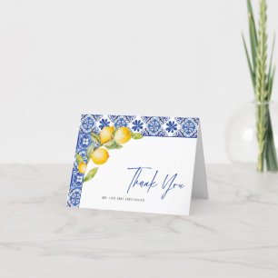 Carte De Remerciements Citrons méditerranéens Carreaux bleus Mariage