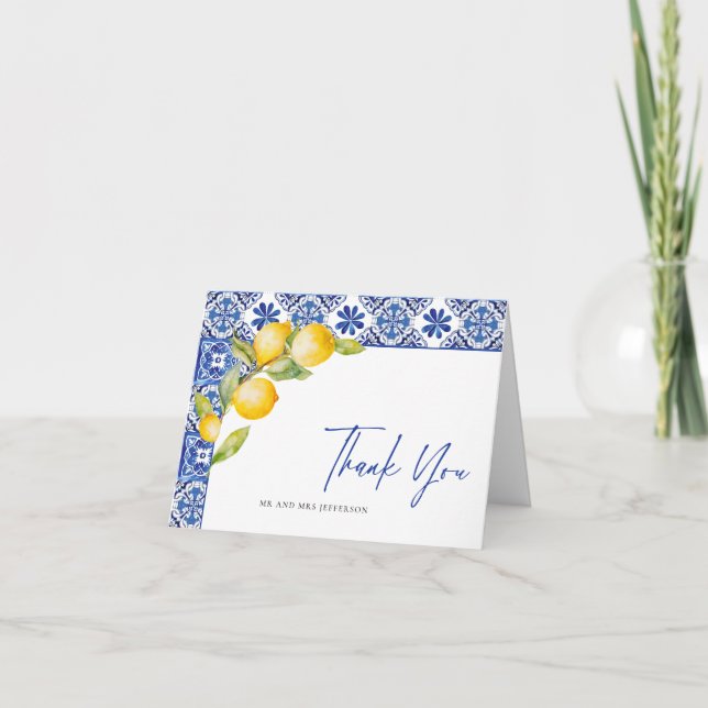 Carte De Remerciements Citrons méditerranéens Carreaux bleus Mariage (Devant)
