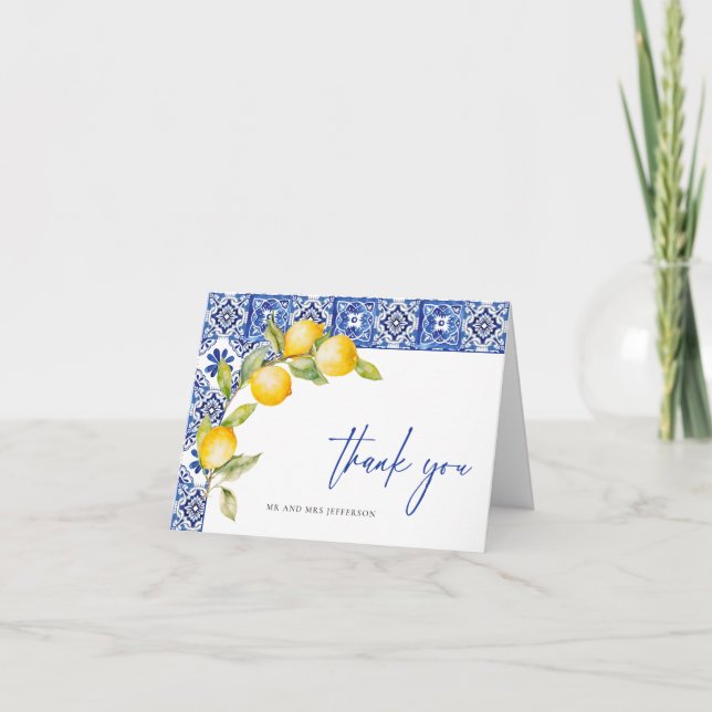 Carte De Remerciements Citrons méditerranéens Carreaux bleus Mariage (Devant)