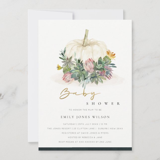 CARTE DE REMERCIEMENTS CITROUILLE BLANC SUCCULENT FAUNA BABY SHOWER INVIT (Devant)