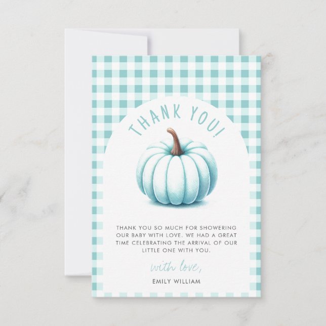 Carte De Remerciements Citrouille Bleu En vichy Plaid  garçon Baby shower (Devant)