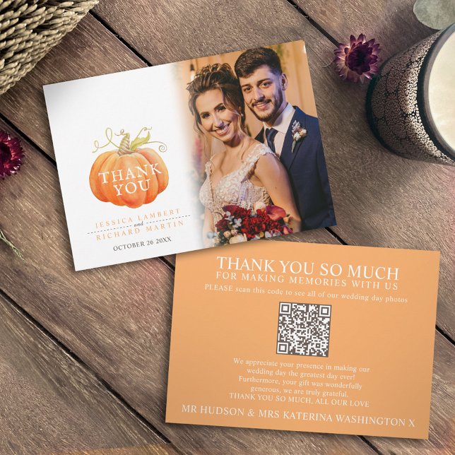 Carte De Remerciements Citrouille photo mariage de automne QR Code (Créateur téléchargé)