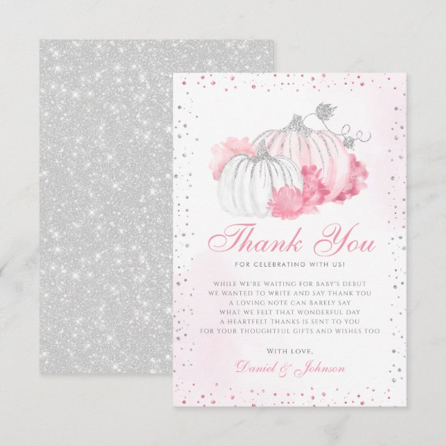 Carte De Remerciements Citrouille rose automne mignon automne Baby shower (Devant / Derrière)