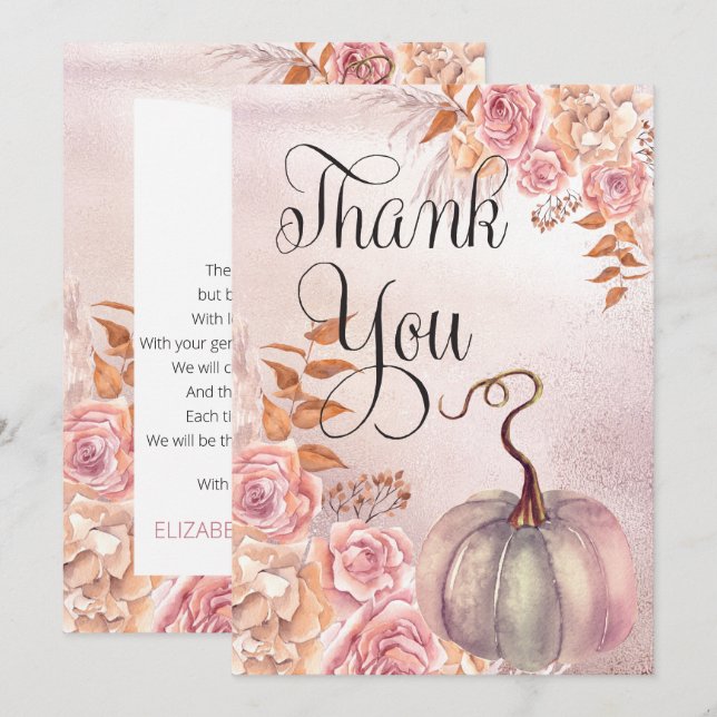 Carte De Remerciements Citrouille rose Boho | Pampas Grass Girl Baby show (Devant / Derrière)
