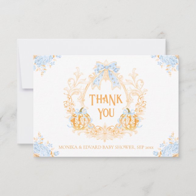 Carte De Remerciements Citrouille Toile Crest Elegant Baby shower garçon (Devant)