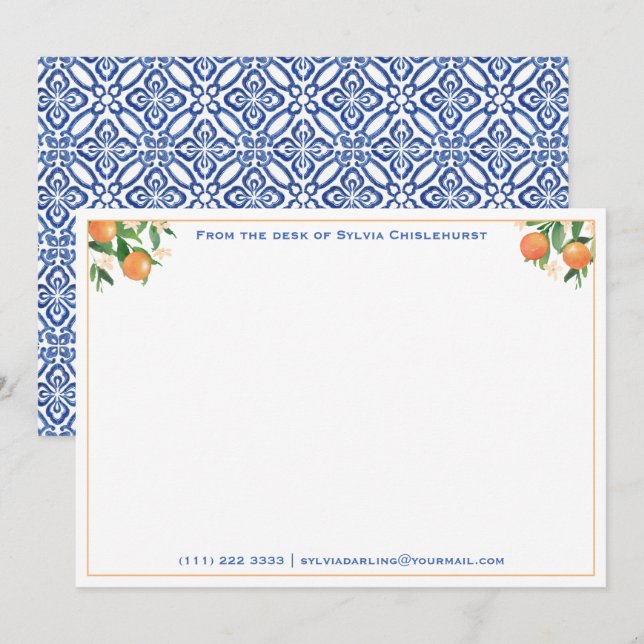 Carte De Remerciements Citrus Oranges Bleu Italien Carreaux Fête des mari (Devant / Derrière)
