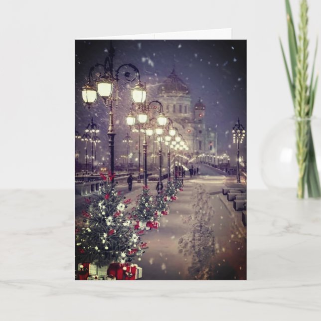 Carte De Remerciements City, snow, lights, all lite up by street lights.. (Devant)