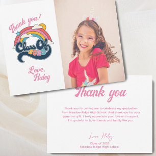 Carte De Remerciements Classe de 2025 Retro Rainbow Pink Graduation