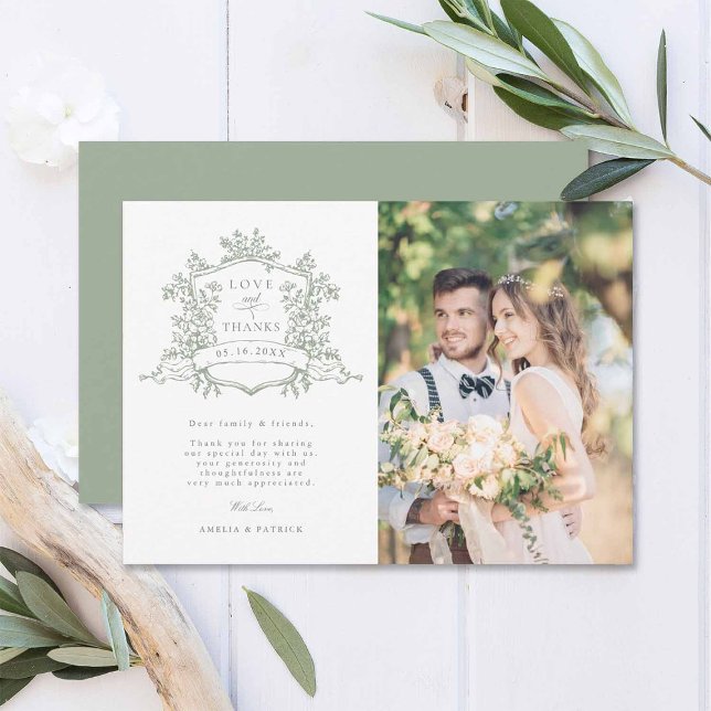 Carte De Remerciements Classic Floral Crest Sage Green Mariage Photo (Créateur téléchargé)