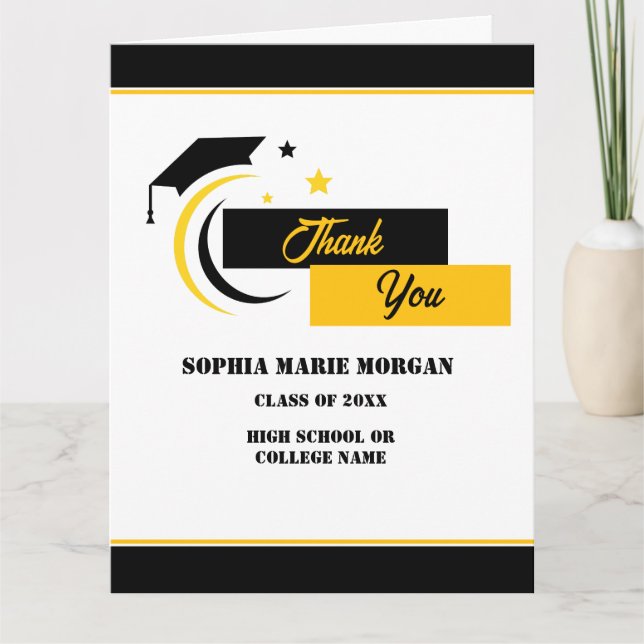 Carte De Remerciements Classique de graduation jaune noir blanc (Devant)