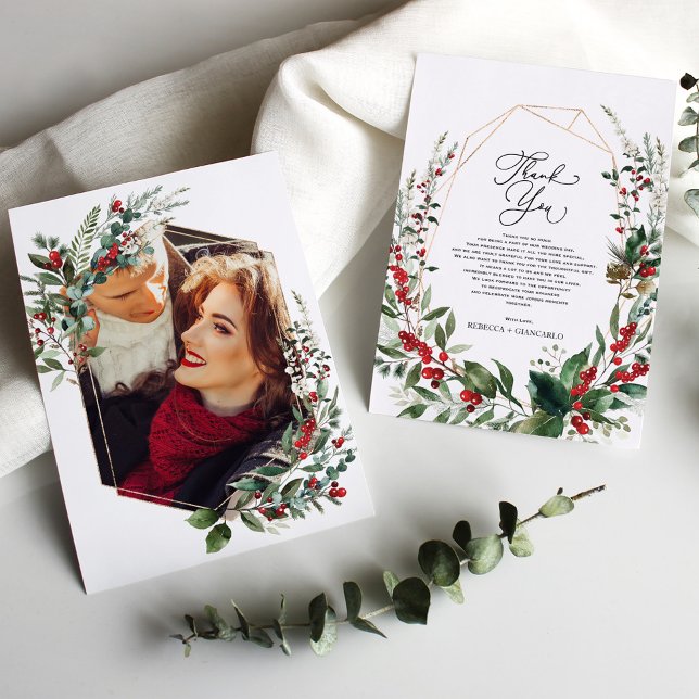 Carte De Remerciements Classy Winter Greenery Red Berries Photo (Créateur téléchargé)
