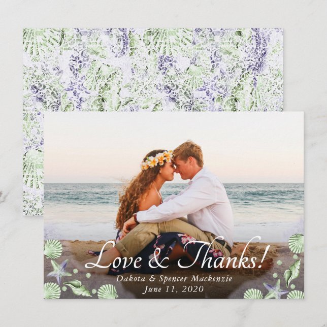 Carte De Remerciements Coastal Chic | Mariage de plage violet et vert cit (Devant / Derrière)