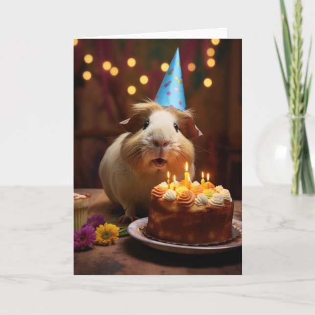 Carte De Remerciements Cochon de Guinée avec gâteau d'anniversaire (Devant)