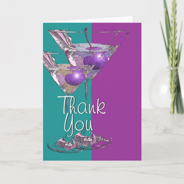 Carte De Remerciements Cocktail pourpre turquoise de martini de "Merci" (Devant)