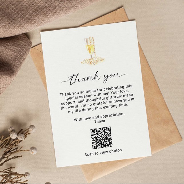 Carte De Remerciements Code QR de mariage élégant Perles et Prosecco (Créateur téléchargé)