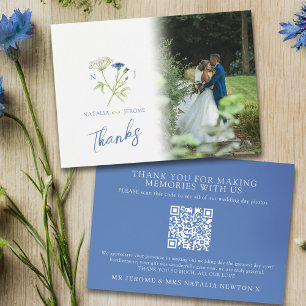 Carte De Remerciements Code QR de photo de mariage bleu monogramme de fle
