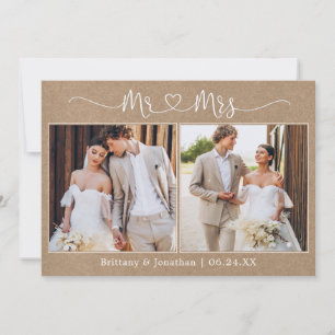 Carte De Remerciements Coeur calligraphie M. Mme Mme 2 Mariage photo Kraf