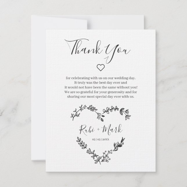Carte De Remerciements Coeur des Fleurs sauvages noirs pour les Mariages (Devant)