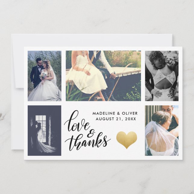 Carte De Remerciements Cœur d'Or | Photo de Mariage | Texte Love & Thanks (Devant)